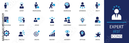 Expert icon set. This collection features high-quality, solid vector icons symbolizing expertise, skill, knowledge, mastery, professionalism, and experience. Ideal for mentors, and specialists.