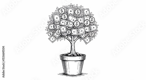 Hand-Drawn Money Tree Growth and Investment Concept