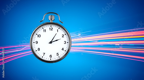 dynamic image of clock with vibrant speed lines on blue background, symbolizing time efficiency and speed improvements
