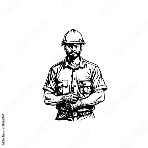 Detailed Illustration of a Focused Construction Worker in Safety Gear and Shirt