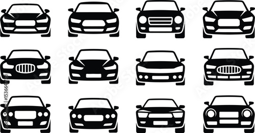 Collection of Twelve Front View Car Icons in Black and White Style