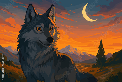 Gray wolf standing in front of mountains at sunset with moon  