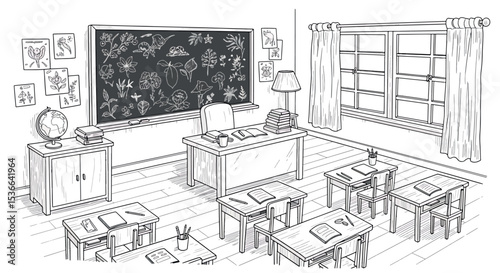 Hand-Drawn Classroom Interior Vector Sketch