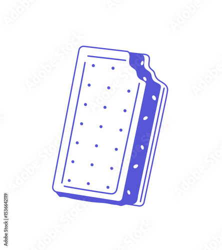 Bitten ice cream sandwich. Icon of delicious icecream with waffles or cookies. Frozen milk dessert, snack. Cold summer food for kids. Flat isolated outline vector illustration on white background