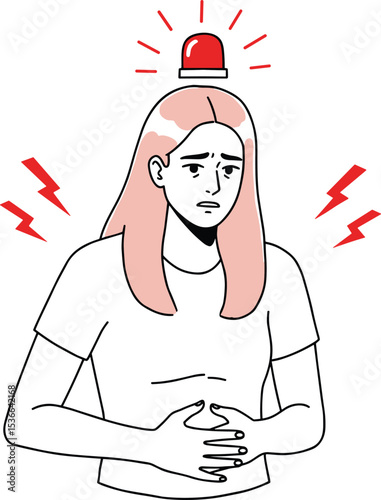Woman holding stomach, pain expression, emergency health issue, digestive problem, stomach ache, sick female illustration, red alert, cartoon health trouble, abdominal discomfort
