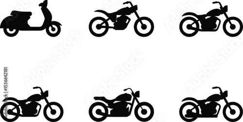 Set of Motorcycle and Scooter Silhouette Icons for Transportation and Lifestyle Themes