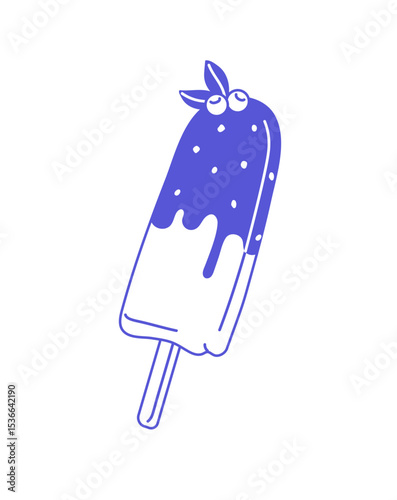 Icon of popsicle with cocoa frosting. Ice cream with chocolate icing. Icecream is decorated with berries on wooden stick. Frozen milk summer dessert. Flat isolated outline vector illustration on white