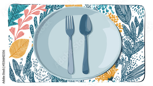 Top-down close-up view of a rectangular placemat featuring a stylized floral pattern in shades of teal, blue, yellow, orange, and pink on a white background.  A light blue plate is centered on the