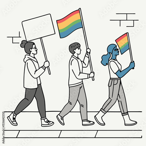 Three People Walking Sideby Side Carrying Blank Sign and Rainbow Flags Pride Parade