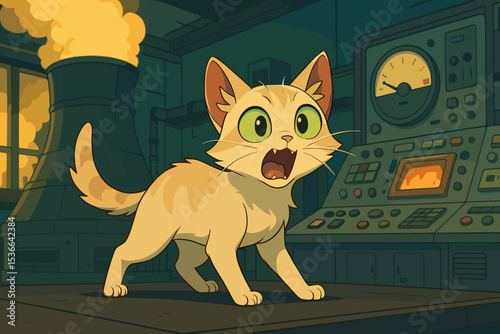 Animated cat looking surprised in a smoky industrial setting  