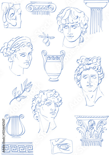 Set of hand-drawn vector line art depicting ancient Greek and Roman sculptures, columns, and ornamental details in blue outline. 