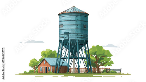 A digital illustration depicting a teal metal water tower situated on a grassy area next to a small red farmhouse.  The water tower is tall and cylindrical with a conical top. It stands on a metal