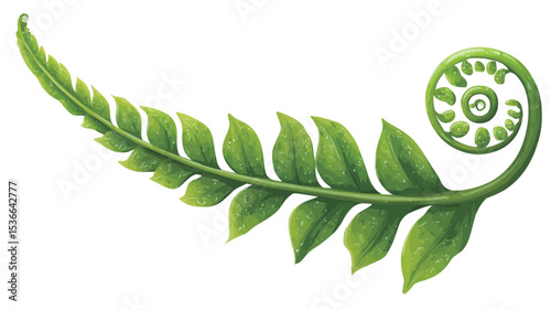 Close-up illustration of a vibrant green fern frond.  The frond is depicted unfurling in a spiral shape, showcasing a fiddlehead at its center.  The leaves are detailed with varying shades of