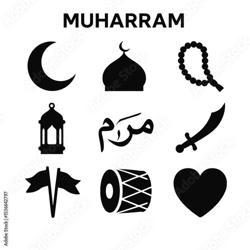 Black silhouette icon set for Muharram. Includes solid black icons of Islamic and Muharram-related symbols such as crescent moon, mosque dome, prayer beads (tasbeeh), lantern, calligraphy-style