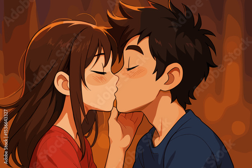 Young couple kissing in warm, romantic atmosphere with soft lighting  