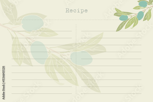 Horizontal blank recipe card template with olive branch. Vintage old paper style, scrapbooking.