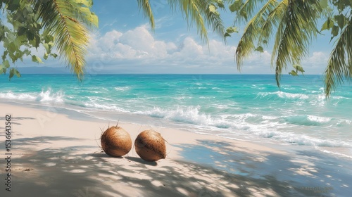 tropical beach with coconuts on sand, green leaves around
