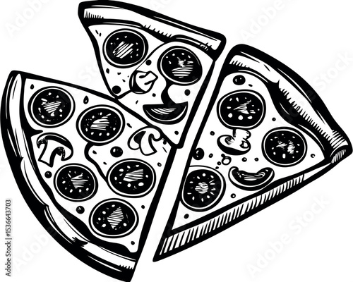 Italian Pizza and Slice Fast Food Menu Sketch in Ink Illustration