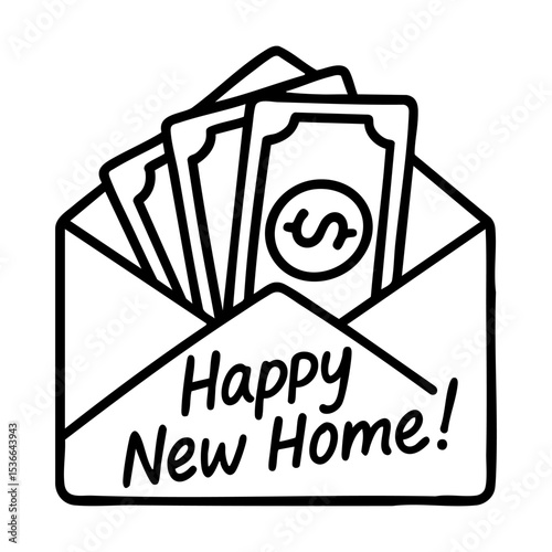 Vector illustration of an envelope filled with cash and a hand-drawn “Happy New Home” message. Minimal black and white line art, perfect for housewarming cards, real estate gifts, and stock use.