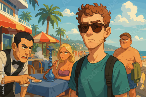 Young man wearing sunglasses looking upset at outdoor cafe  