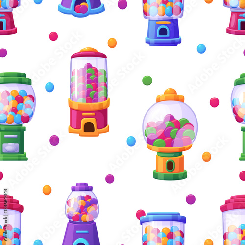 Bubblegum vending machine seamless pattern. Scattering of round multicolor chocolate dragee, sweety candies. Print design, vector background