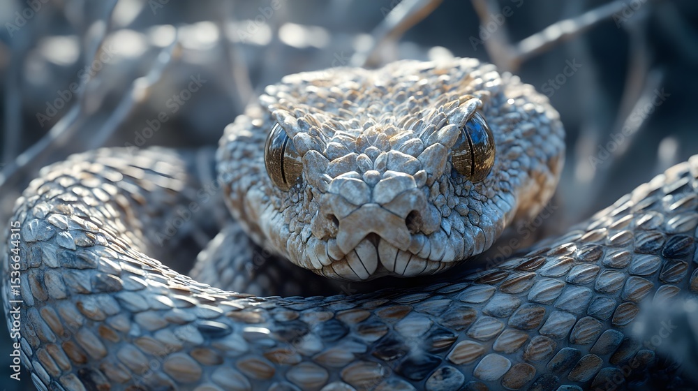 Obraz premium Close up view of a desert viper snake in its natural habitat showcasing its intricate scales and intense gaze
