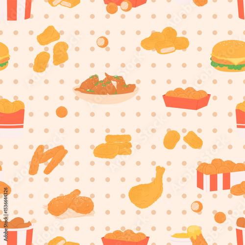 Chicken fried seamless pattern. Fast food meals, different parts of breaded chicken, croquettes and nuggets. Print design, vector background