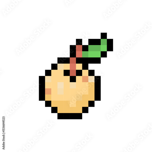 Pixel art peach fruit with green leaf on white background, Retro Game Food Icon, 8-Bit Fruit Sprite, Minimalist Pixel Fruit Design, Vintage Pixelated Illustration