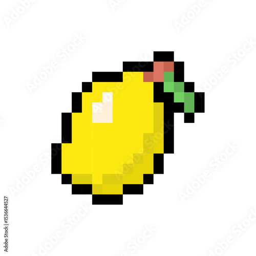 Pixel art lemon, 8-bit fruit icon, Retro lemon sprite, Pixelated citrus illustration, Game style lemon, Digital lemon vector, Yellow fruit symbol