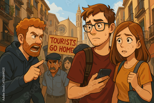 Angry man confronting tourists in city street during protest