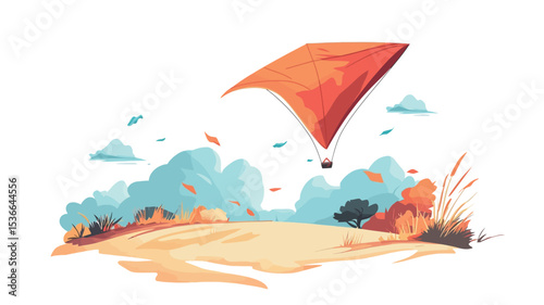 Digital illustration depicting a red kite in flight over a stylized autumn landscape. The landscape features rolling hills, stylized trees with autumnal foliage, and scattered leaves. The sky is