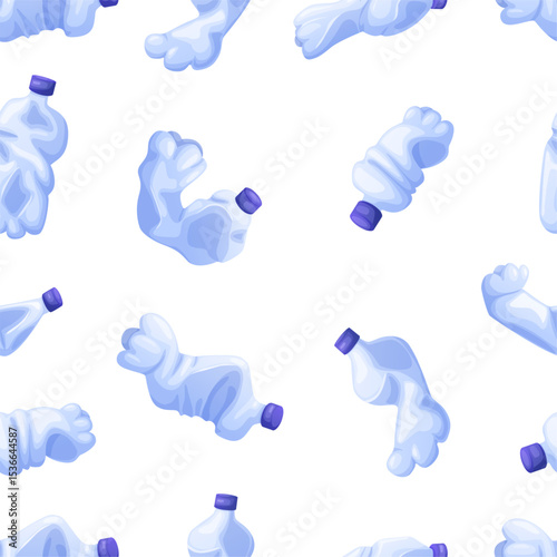 Plastic waste seamless pattern. Isolated crumpled plastic bottles, trash or reusable garbage. Ecology, environment, fabric wallpaper print, vector background