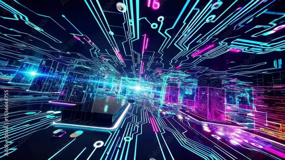 Glowing neon lines and circuits form a complex technological tunnel, representing the rapid flow of data in cyberspace with bright lights and dynamic perspective
