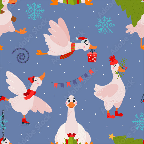 Christmas geese seamless pattern. Funny goose with new year gift, fir tree branch and gift box. Print for fabric, wallpaper, cartoon classy vector background