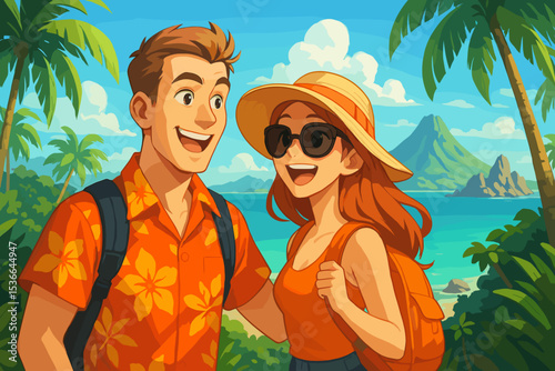 Happy couple enjoying vacation together in tropical paradise  