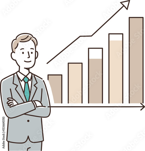 Professional businessman standing with arms crossed next to a growing bar chart showing positive business growth, financial success, and strategic market analysis in vector style for stock image use