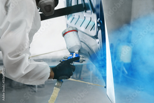 Professional male car painter sprays paints car part to blue color in garage by airbrush. Man works with spray gun.