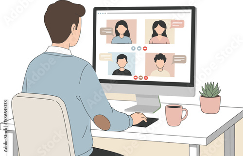 Remote video conference at home workspace with desktop computer, business communication, virtual team meeting, online discussion, digital collaboration, remote work lifestyle