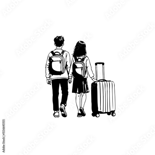 Illustration of a couple with luggage, heading on a journey or travel adventure together
