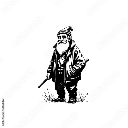 Captivating black and white illustration of a vintage gnome with a long beard