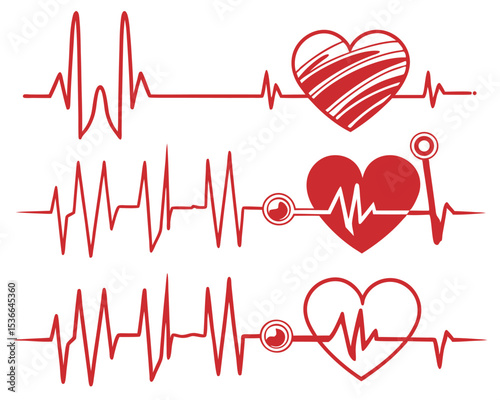 Red Heartbeat Line Art Collection with Heart Symbol