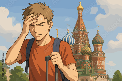 Young man looking stressed while standing in front of St. Basil's Cathedral  