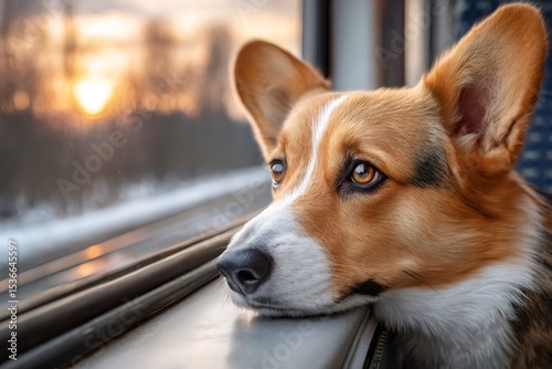 Dog is enjoying the view from train window during a winter trip