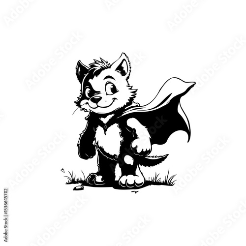 Cartoonish superhero cat standing smiling on a white background line art image
