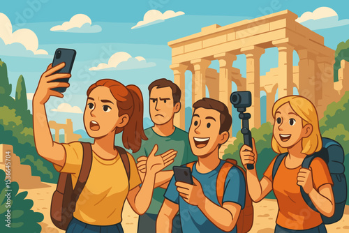 Group of young travelers taking selfies at ancient ruins in summer  