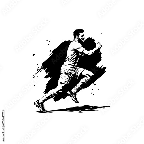 Dynamic black and white vector illustration of a soccer player sprinting energetically
