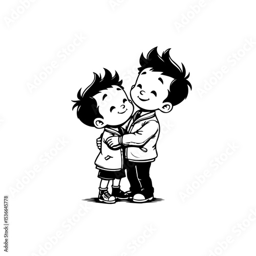 Whimsical Illustration of Two Smiling Brothers Sharing a Heartfelt Embrace