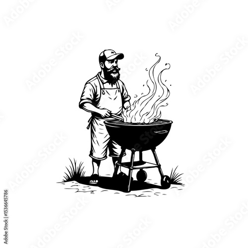 Man cooking barbecue outdoors in summer, line art style illustration scene
