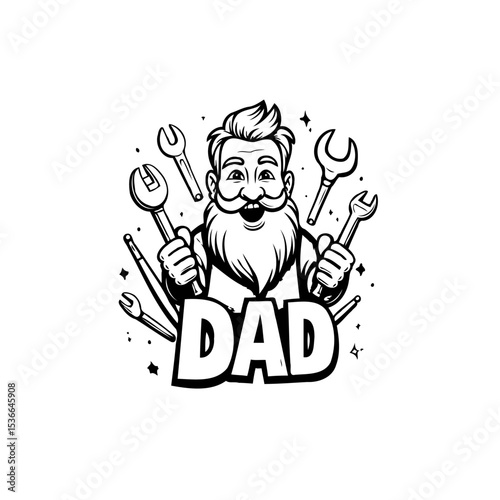 Cartoon illustration featuring a father figure surrounded by tools, celebrating fatherhood