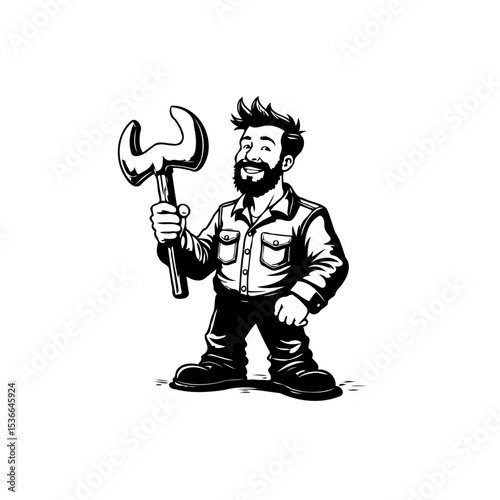Cartoon mechanic man holding wrench, standing isolated vector, hand drawing